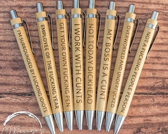 Bolígrafo de bambú grabado personalizado con cualquier frase grabada a láser para adultos, bromas o groserías.