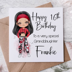 Tarjeta de cumpleaños personalizada para nieta, tarjeta para ella, cualquier relación y edad, nombre 16, 18 y 21. Tú eliges el color de cabello, ojos y tono de piel.