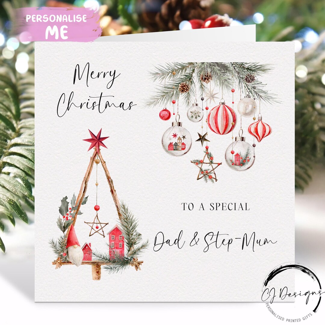 Dad Step-mum Christmas Card Parents Red Boho, Rustic Theme