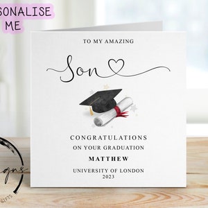 Personalised Son Graduation Card- with Cap & Scroll- Name and University Medium or Large card Amazing Son