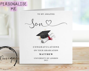 Personalised Son Graduation Card- with Cap & Scroll- Name and University Medium or Large card Amazing Son