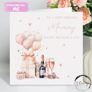 Tarjeta para el Día de la Madre, diseño en oro rosa, champán, regalo y globos, cualquier texto, tarjeta grande o pequeña
