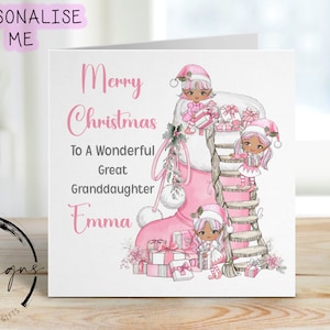 Personalisierte Weihnachtskarte für Urenkelin, rosa Elfen & Weihnachtsstrumpf - für kleine Mädchen - mit Namen