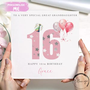 Carte d'anniversaire personnalisée d'arrière-petite-fille, numéros d'âge roses N'IMPORTE QUELLE MENTION /ÂGE/nom 12-13 14 15 16 18 21 30 40 45
