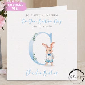 Tarjeta de bautismo de sobrino conejo personalizada, tarjeta de felicitación con nombre inicial y fecha, recuerdo del día del bautismo