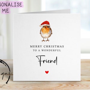 Kerstkaart voor vriend met Robin met kerstmuts, vrolijk kerstfeest Wenskaart Eenvoudig ontwerp Kerstmis