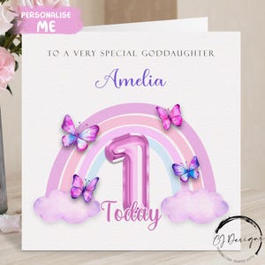 Carte d'anniversaire rose arc-en-ciel personnalisée pour filleule - Ours en peluche mignon et arc-en-ciel de tout âge et nom pour elle 1er 2e 3e 4e 5e 6e 7e 8e 9e