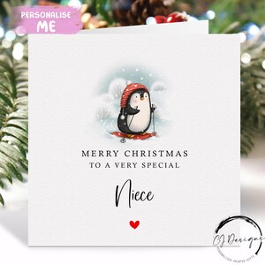Carte de Noël Nièce - Carte de Noël Pingouin skiant dans la neige
