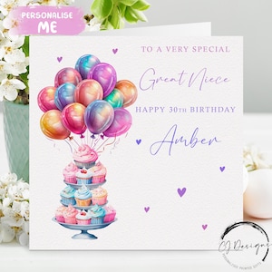 Biglietto di auguri di compleanno personalizzato per pronipote con design multicolore, torte e palloncini, qualsiasi età/nome 14°, 15°, 16°, 17°, 18°, 21°, 30°, 40°, 50°