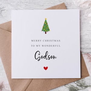 Kerstkaart voor Peetzoon, met kerstboomkaart voor haar/hem, gepersonaliseerde Merry Christmas-wenskaart