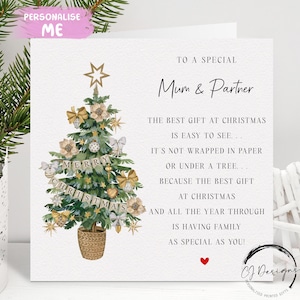 Mutter & Partner Weihnachtskarte mit Gedicht - Weihnachtskarte für Eltern - Baumpaarkarte und rotes Herz