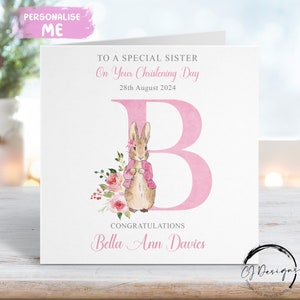 Personalisierte Peter Rabbit Schwester Taufkarte, Anfangsname und Datum Grußkarte, Tauftag Andenken Mädchen Flopsie