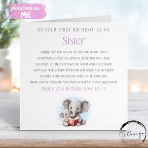 Personalisierte Schwester Geburtstagskarte - Elefant Erster Geburtstag als Mein Gedicht - Name JEDE WORDING 1