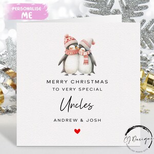 Personalisierte Onkel Weihnachtskarte - Männliche Paar Pinguine Karte und rotes Herz