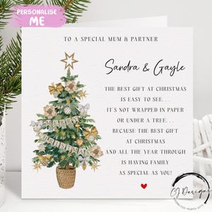 Gepersonaliseerde kerstkaart met gedicht mama en partner - kerstkaart - kaart boompaar en rood hart en namen
