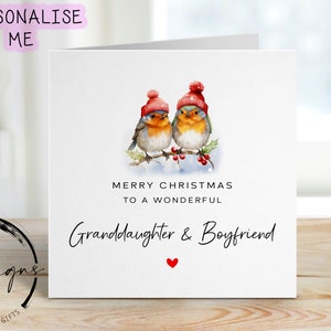 Carte de Noël petite-fille et petit ami - Carte Robin Couple Wear Christmas Hats and Red Heart