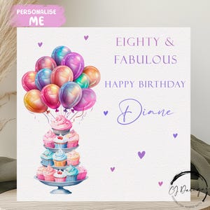 Biglietto di auguri personalizzato per l'ottantesimo compleanno, motivo multicolore, champagne, palloncini e torte, qualsiasi età/nome