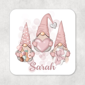 Personalised Name Pink Love Gnome Drinks Coaster Gonk