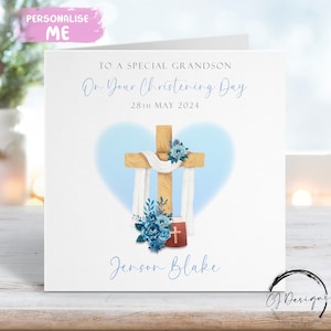 Croix de baptême personnalisée de petit-fils et conception de coeur bleu de bible avec la carte de voeux de nom et de date, souvenir de jour de baptême pour lui