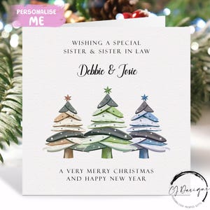 Carte de Noël personnalisée sur le thème des arbres de Noël avec noms