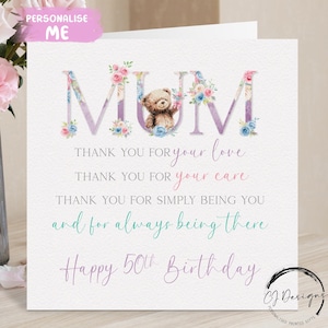 Personalisierte Mama Geburtstagskarte, Gedichtkarte - Jedes Alter Rosa Blumengruß-Karte mit Teddybär 40.50.60.65.70.75.80.90.100