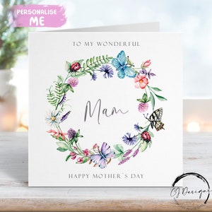 Carte pour la fête des Mères Mam - couronne de fleurs ronde avec coccinelles et papillons