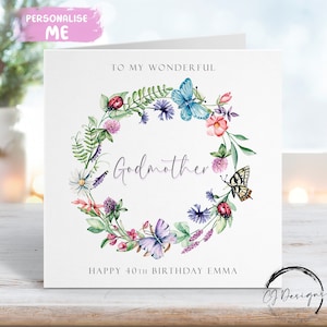 Tarjeta de cumpleaños personalizada para madrina - Corona floral - Mariquitas y mariposas CUALQUIER TEXTO 16, 18, 21, 30, 40, 50, 60, 70, 80, 90