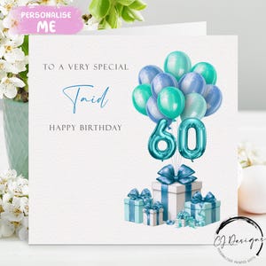 Carte d'anniversaire Taid personnalisée pour tout âge - Ballons bleus/verts pour l'âge 40e 45e 50e 55e 60e 65e 70e 75e 80e 85e 90e 95e 100e