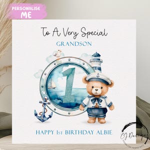 Cartão de aniversário personalizado para neto Ursinho de pelúcia Marinheiro Tema náutico Nome e idade - QUALQUER IDADE 1º 2º 3º 4º 5º 6º 7º 8º 9º