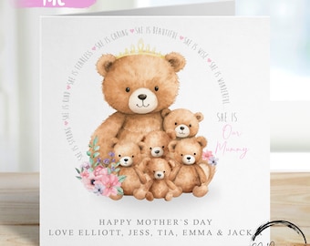 Personalised Mummy Bear Mothers Day Card from upto 5 Children  Mummy and Baby Bear - Any Wording