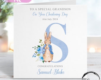 Personalised Peter Rabbit Grandson /Godson Christening Card, Initial Name and Date Greeting Card, Christening Day Keepsake