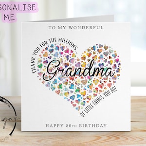 Cartão de aniversário personalizado para avó - Obrigado pelos milhões de coisas Coração - Cartão de felicitações para qualquer idade 50º, 60º, 70º, 80º, 90º, 100º