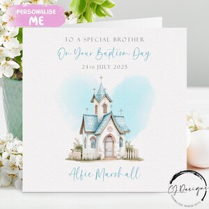 Carte de baptême personnalisée pour frère, église bleue avec carte de voeux nom/date, souvenir du jour du baptême, petit garçon