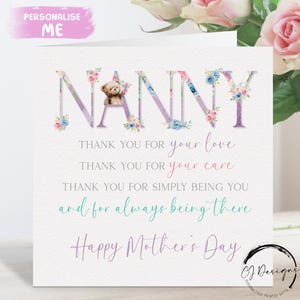 Nanny Moederdagkaart, gedichtkaart - roze bloemenwenskaart met teddybeer