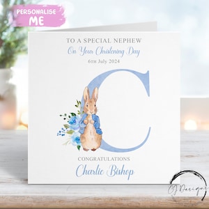 Biglietto di auguri personalizzato per il battesimo del nipote di Peter Rabbit, biglietto di auguri con iniziale del nome e data, ricordo del giorno del battesimo