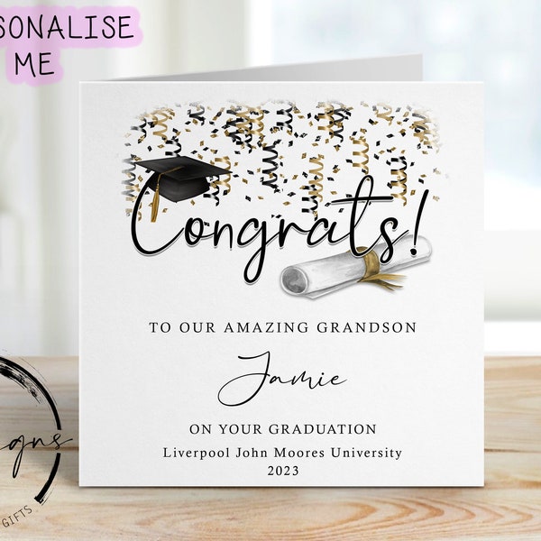 Personalised Grandson Graduation Card- with Cap & Scroll- Name and University card- To My/To Our- Gold Theme Congrats Amazing Grandson