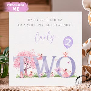 Cartão de segundo aniversário personalizado para sobrinha-neta, cartão de aniversário da fada roxa - segundo aniversário de menina