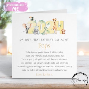 Tarjeta personalizada para el Día del Padre de Pops - Color amarillo Tema de safari Primer Día del Padre como poema de mi Pops - Nombre CUALQUIER TEXTO Primer Día del Padre