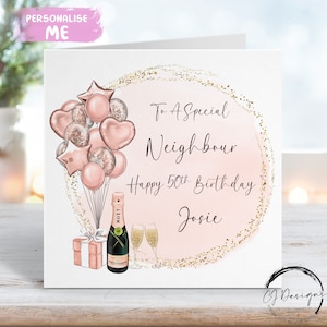 Carte d'anniversaire personnalisée avec un voisin, or rose et ballons à thème dorés, tout âge 18 19 19 20 21 30 40 50 60 70 80 90 100