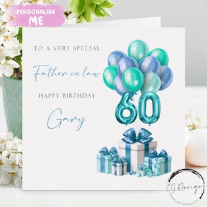 Carte d'anniversaire personnalisée beau-père tout âge/nom - bleu/vert ballons âge 40e 45e 50e 60e 65e 70e 75e 80e 85e 90e