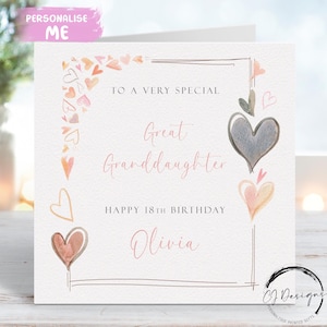 Carte d'anniversaire personnalisée arrière-petite-fille, cadre coeur en or rose, tout âge/nom 15e 16e 17e 18e 21e 25e 30e 35e 40e 45e