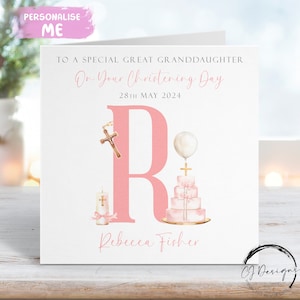 Biglietto di auguri personalizzato per il battesimo della pronipote, biglietto di auguri con iniziale del nome e data, ricordo del giorno del battesimo per lei