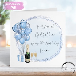Cartão de aniversário personalizado padrinho tema azul balões qualquer idade 18º 19º 20º 21º 25º 30º 40º 50º 60º 70º 80º 90º 100º