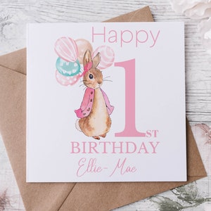 Biglietto di auguri personalizzato per il primo compleanno di Peter Rabbit, ragazzo/ragazza, rosa o blu, 1°, 2°, 3°, 4°, 5°