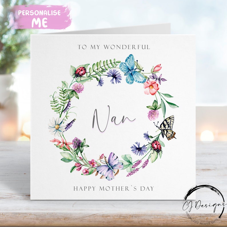 Nan Mothers Day Card - Circle Floral Wreath With Ladybirds and ...
