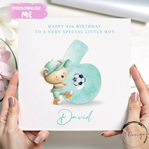 Cartão de aniversário personalizado para menino, cartão com número de urso de futebol verde, 1º, 2º, 3º, 4º, 5º, 6º, 7º, 8º, 9º e 10º com nome, idade de 1 a 10 anos