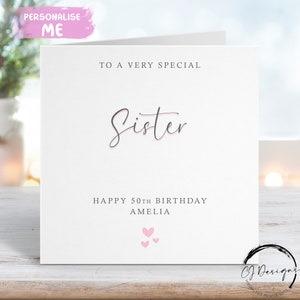 Carte d'anniversaire personnalisée pour soeur - gris et rose pour tous les âges 14ème 15ème 16ème 17ème 18ème 19ème 20ème 21ème 30ème 40ème 50ème 60ème 70ème 80ème