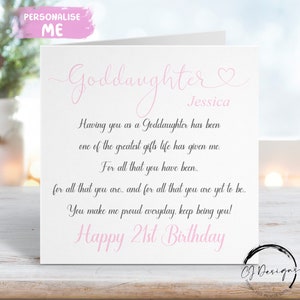 Carte d'anniversaire personnalisée pour filleule, poème, citation carte-souvenir adulte 16, 18, 21, 30, 40, 50, 60,