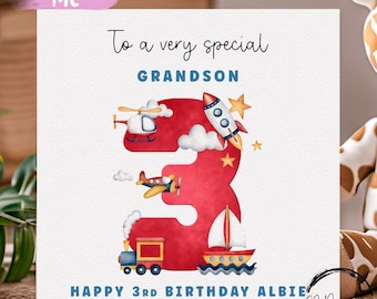 Personalised Grandson Birthday Card Red Transport Theme Name & Age- For Little Boy
