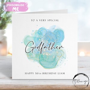 Tarjeta de cumpleaños personalizada para el padrino. Diseño con salpicaduras en azul, verde y dorado. Para cualquier edad: 18, 19, 20, 21, 30, 40, 50, 60, 70, 80 y 90 años.